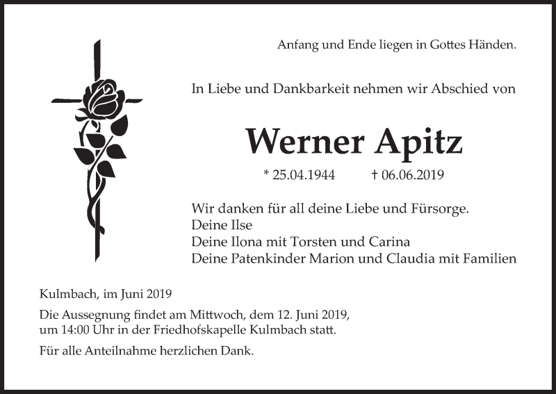  Traueranzeige für Werner Apitz vom 08.06.2019 aus MGO