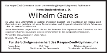 Traueranzeige von Wilhelm Gareis