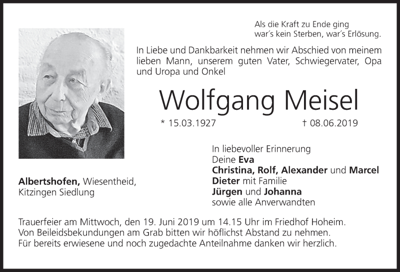  Traueranzeige für Wolfgang Meisel vom 15.06.2019 aus MGO