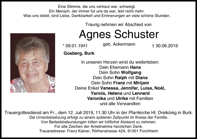  Traueranzeige für Agnes Schuster vom 06.07.2019 aus MGO