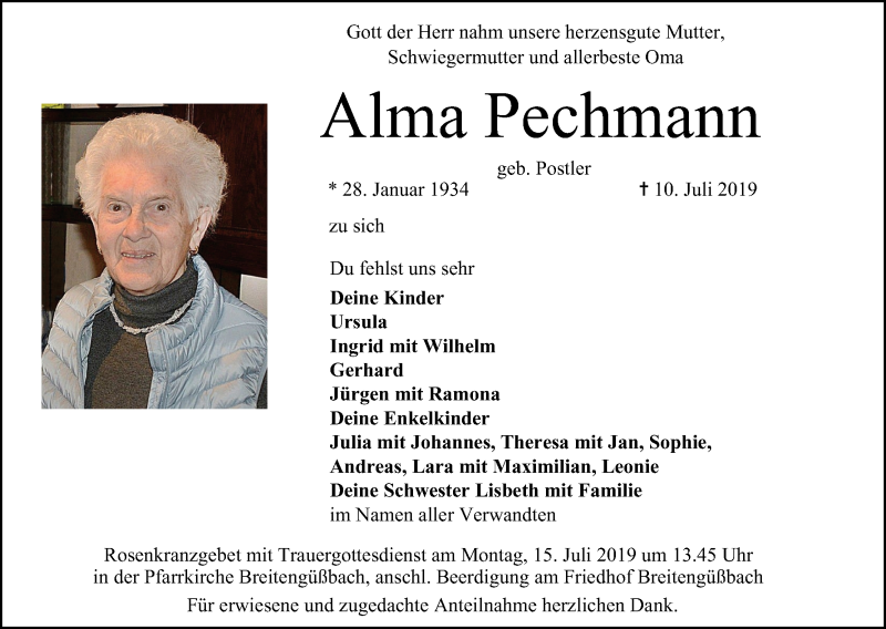  Traueranzeige für Alma Pechmann vom 13.07.2019 aus MGO