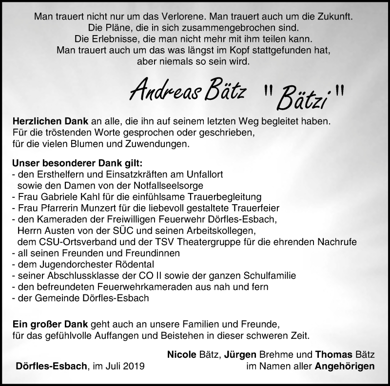  Traueranzeige für Andreas Bätz vom 20.07.2019 aus MGO