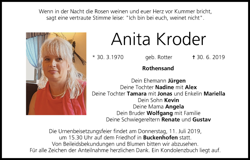  Traueranzeige für Anita Kroder vom 06.07.2019 aus MGO
