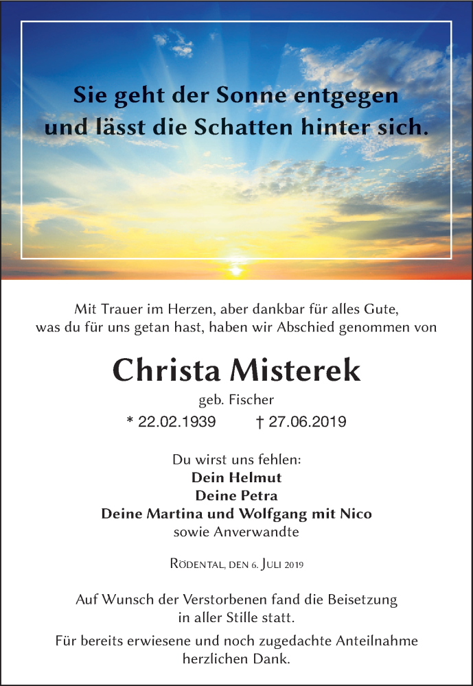  Traueranzeige für Christa Misterek vom 06.07.2019 aus MGO