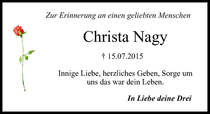  Traueranzeige für Christa Nagy vom 15.07.2019 aus MGO