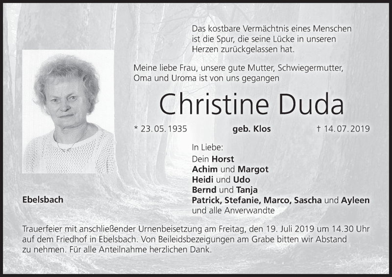  Traueranzeige für Christine Duda vom 17.07.2019 aus MGO