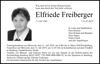Traueranzeige von Elfriede Freiberger