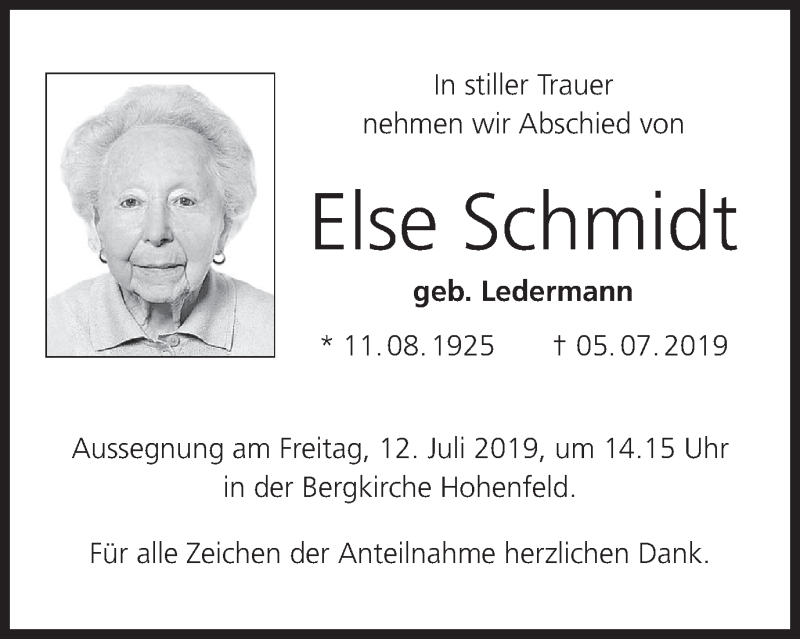  Traueranzeige für Else Schmidt vom 10.07.2019 aus MGO