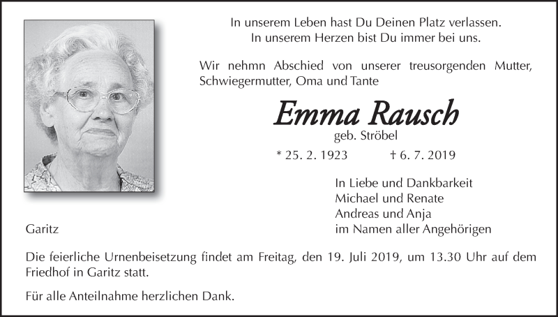  Traueranzeige für Emma Rausch vom 13.07.2019 aus MGO