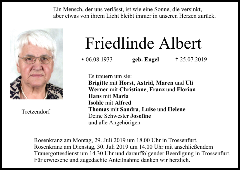  Traueranzeige für Friedlinde Albert vom 27.07.2019 aus MGO