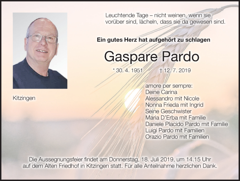  Traueranzeige für Gaspare Pardo vom 16.07.2019 aus MGO