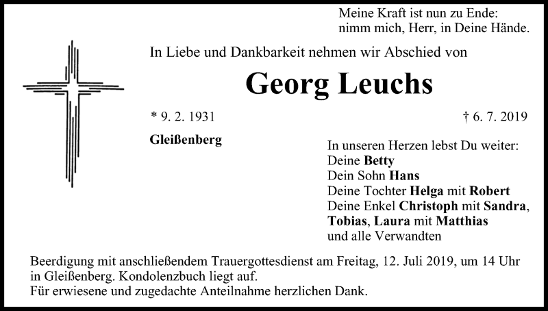  Traueranzeige für Georg Leuchs vom 10.07.2019 aus MGO