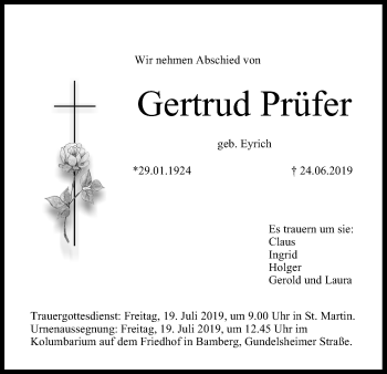 Traueranzeige von Gertrud Prüfer