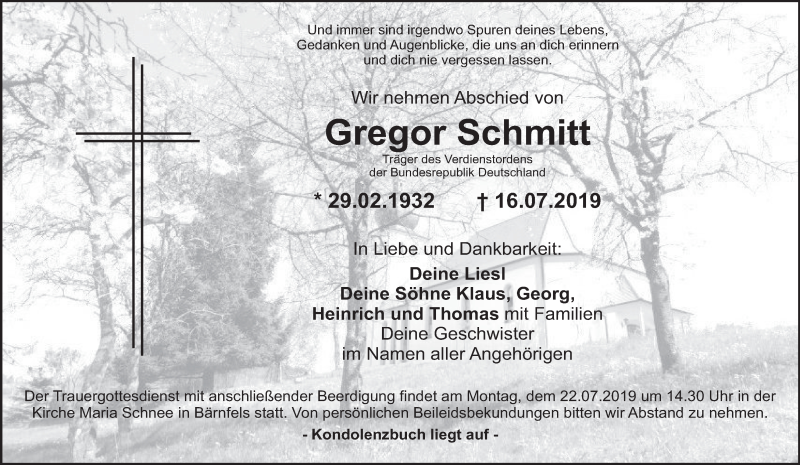  Traueranzeige für Gregor Schmitt vom 20.07.2019 aus MGO