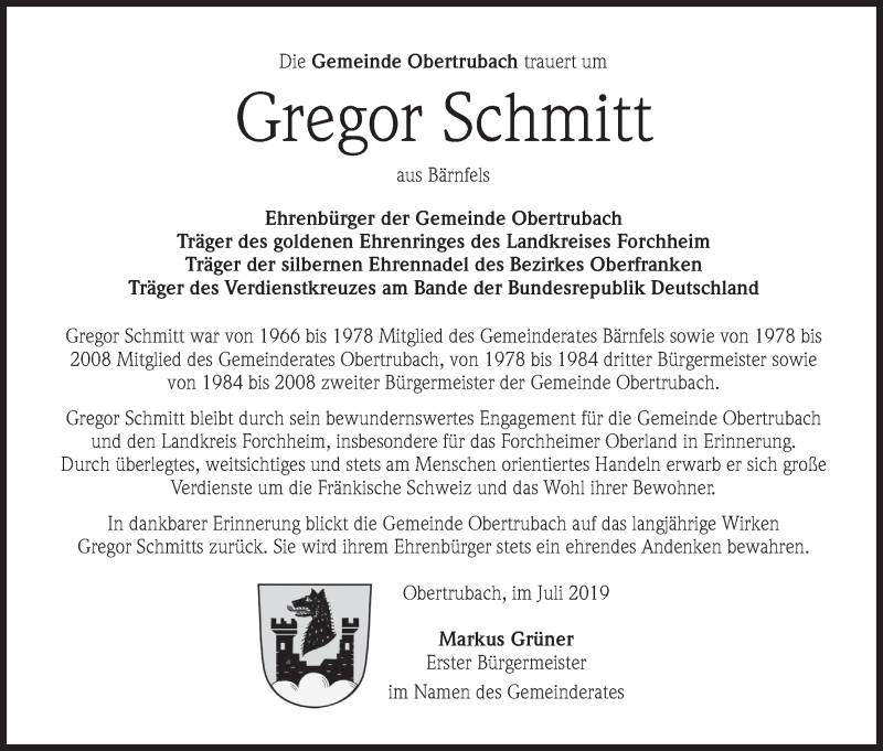  Traueranzeige für Gregor Schmitt vom 20.07.2019 aus MGO