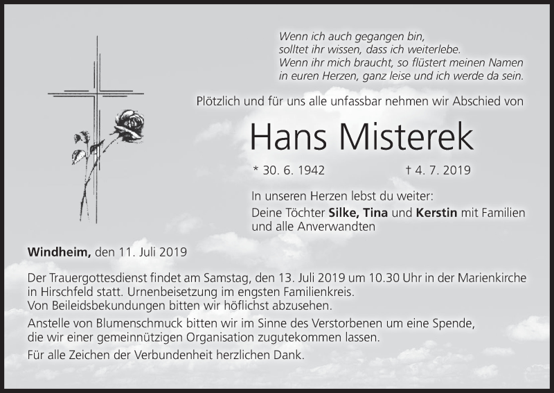  Traueranzeige für Hans Misterek vom 11.07.2019 aus MGO