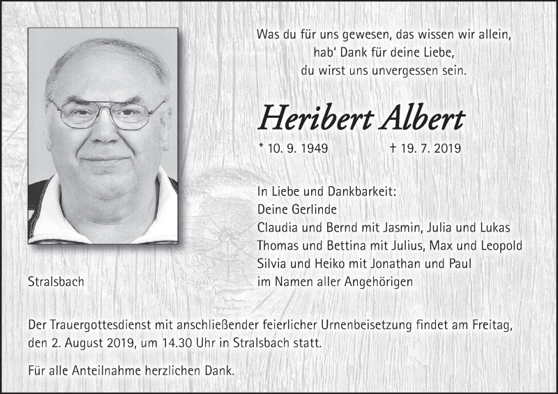  Traueranzeige für Heribert Albert vom 23.07.2019 aus MGO