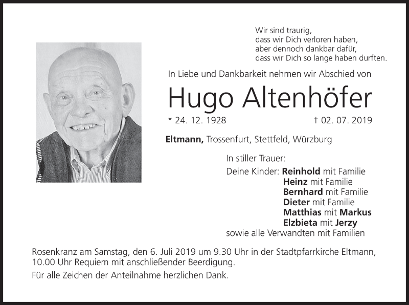  Traueranzeige für Hugo Altenhöfer vom 04.07.2019 aus MGO