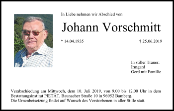 Traueranzeige von Johann Vorschmitt