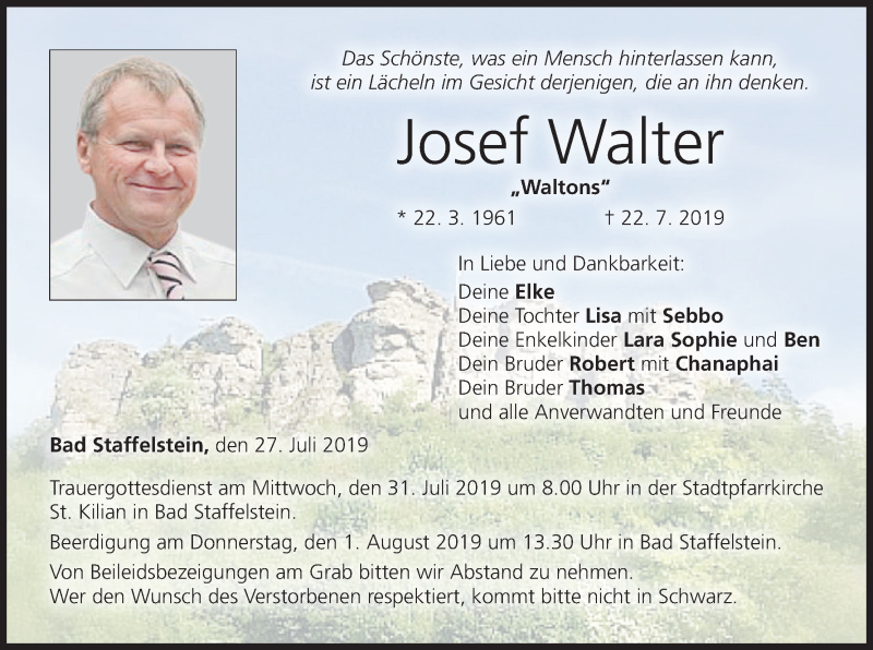  Traueranzeige für Josef Walter vom 27.07.2019 aus MGO