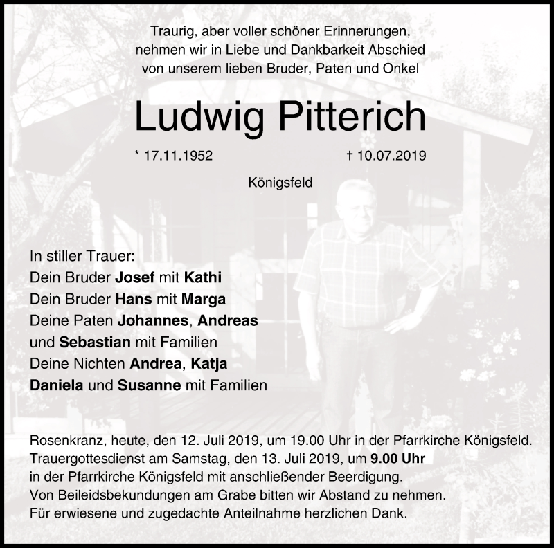  Traueranzeige für Ludwig Pitterich vom 12.07.2019 aus MGO