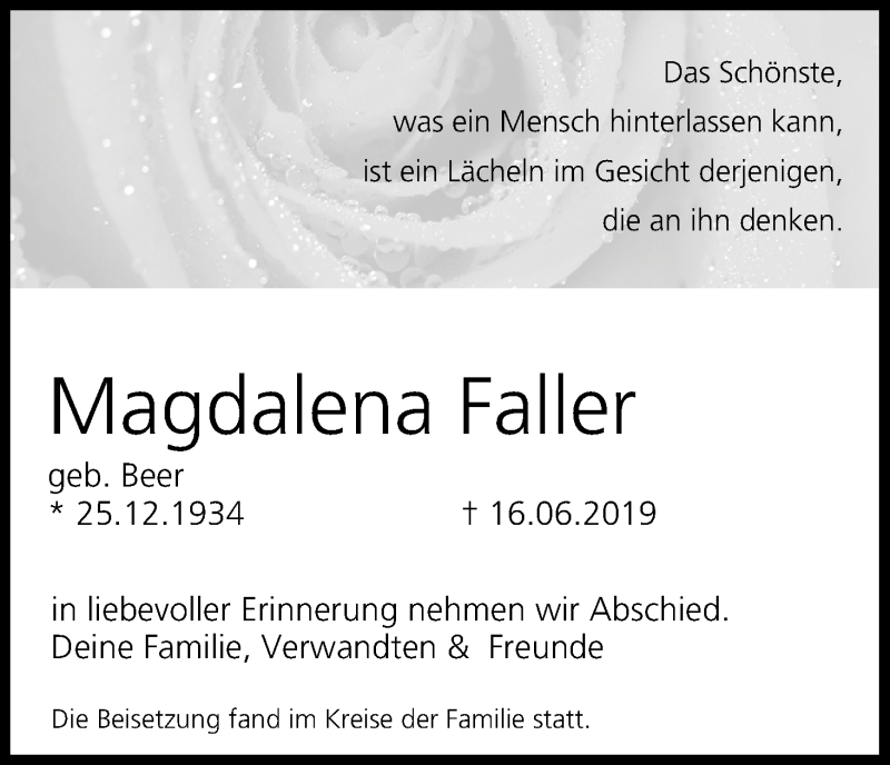  Traueranzeige für Magdalena Faller vom 11.07.2019 aus MGO