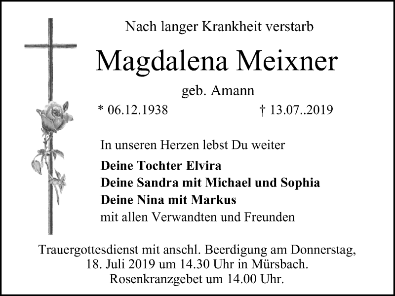  Traueranzeige für Magdalena Meixner vom 16.07.2019 aus MGO