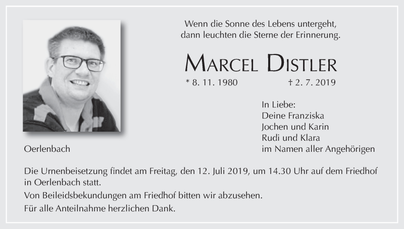  Traueranzeige für Marcel Distler vom 06.07.2019 aus MGO