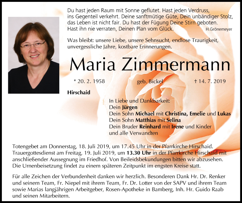  Traueranzeige für Maria Zimmermann vom 17.07.2019 aus MGO