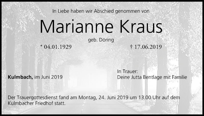 Traueranzeige für Marianne Kraus vom 01.07.2019 aus MGO