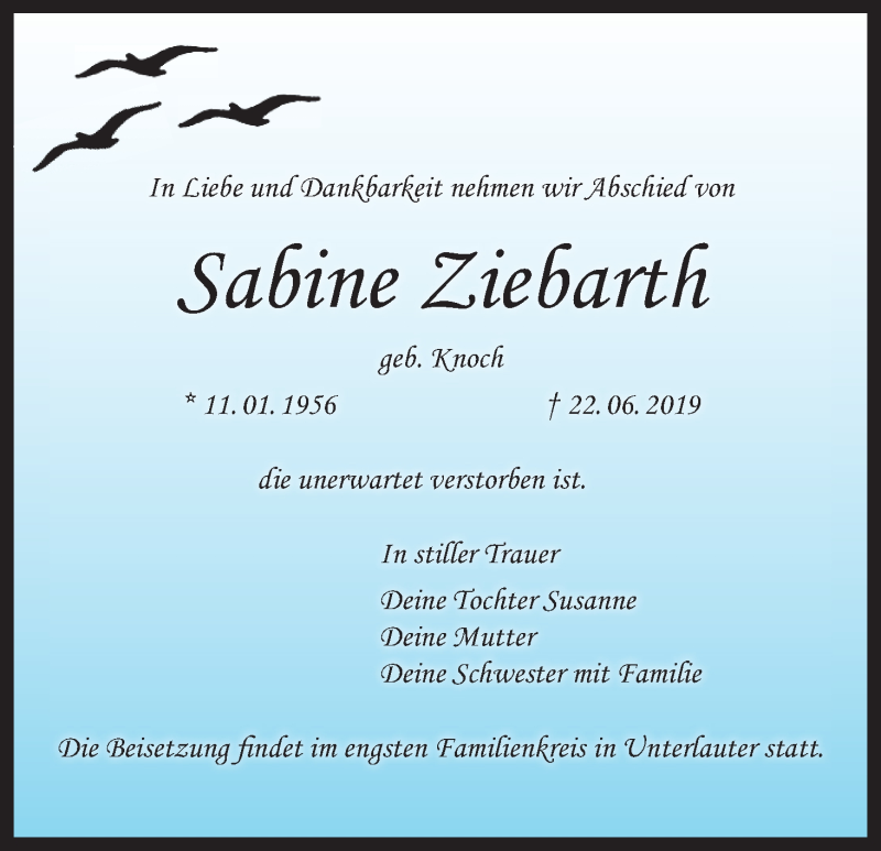 Traueranzeige für Sabine Ziebarth vom 06.07.2019 aus MGO