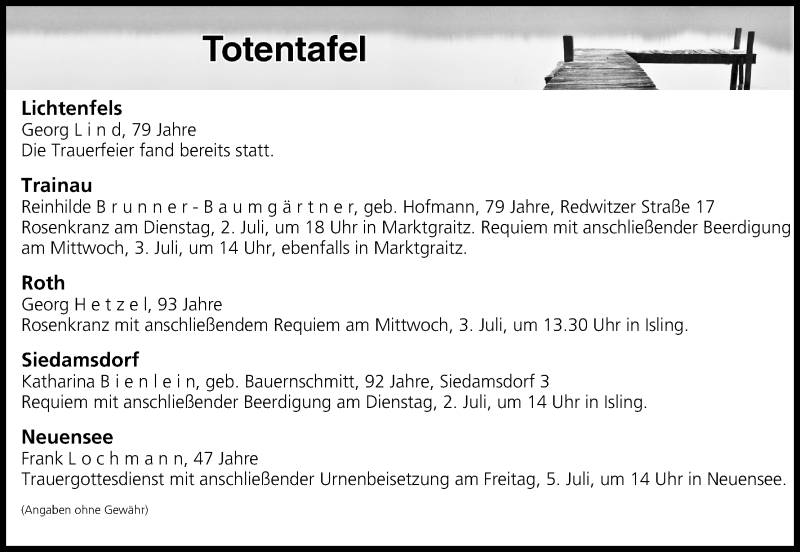  Traueranzeige für Totentafel vom 02.07.2019 vom 02.07.2019 aus MGO