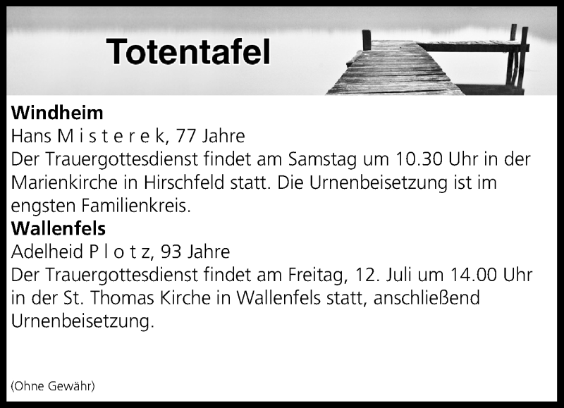  Traueranzeige für Totentafel vom 12.07.2019 vom 12.07.2019 aus MGO