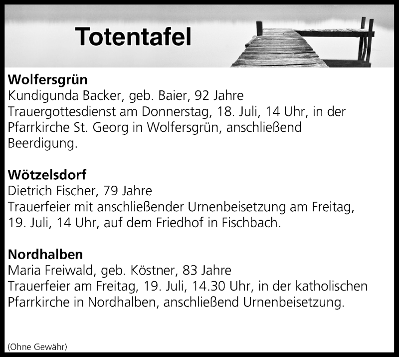  Traueranzeige für Totentafel vom 18.07.2019 vom 18.07.2019 aus MGO