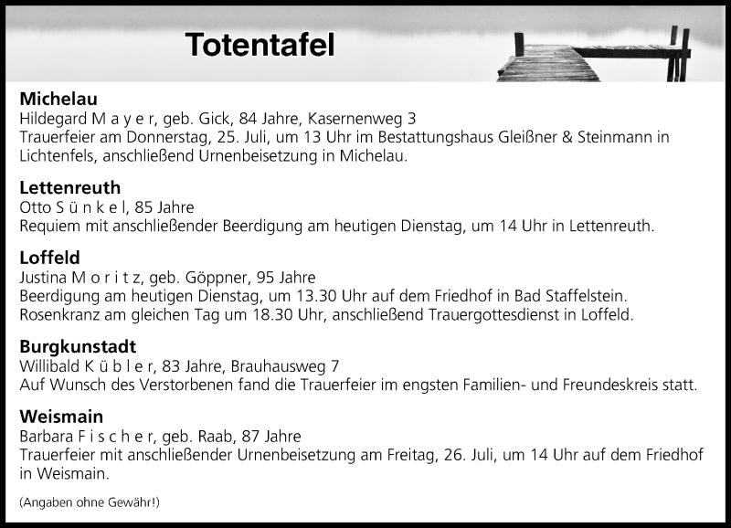  Traueranzeige für Totentafel vom 23.07.2019 vom 23.07.2019 aus MGO