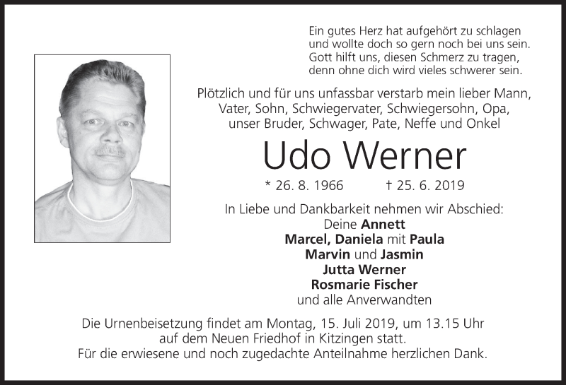  Traueranzeige für Udo Werner vom 13.07.2019 aus MGO