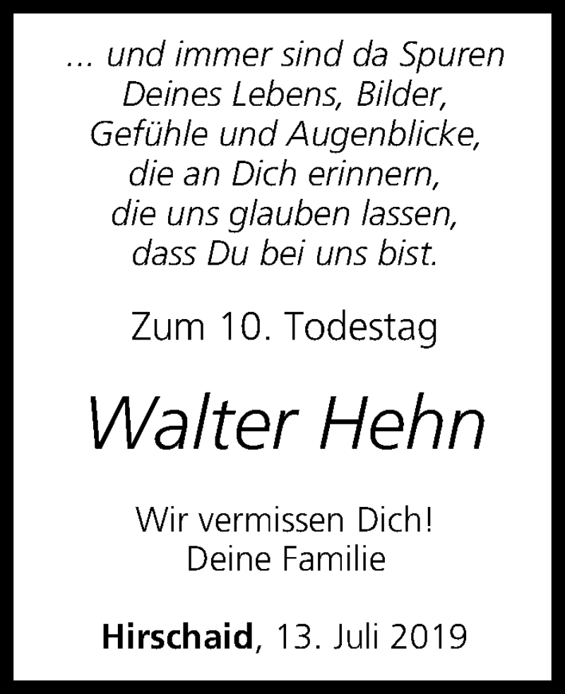  Traueranzeige für Walter Hehn vom 13.07.2019 aus MGO