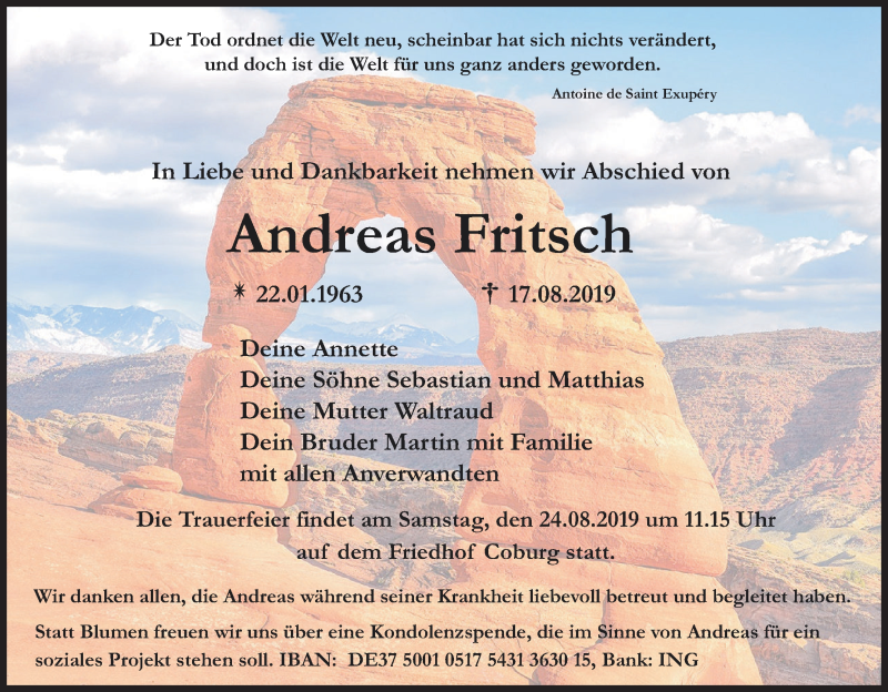  Traueranzeige für Andreas Fritsch vom 22.08.2019 aus MGO