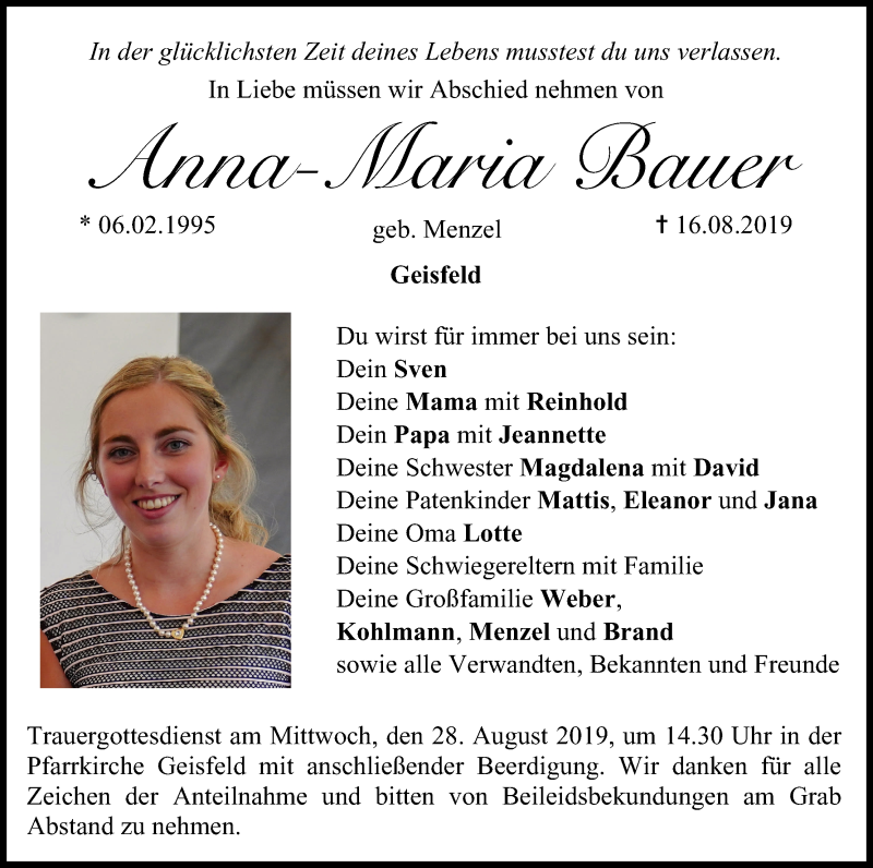  Traueranzeige für Anna-Maria Bauer vom 24.08.2019 aus MGO