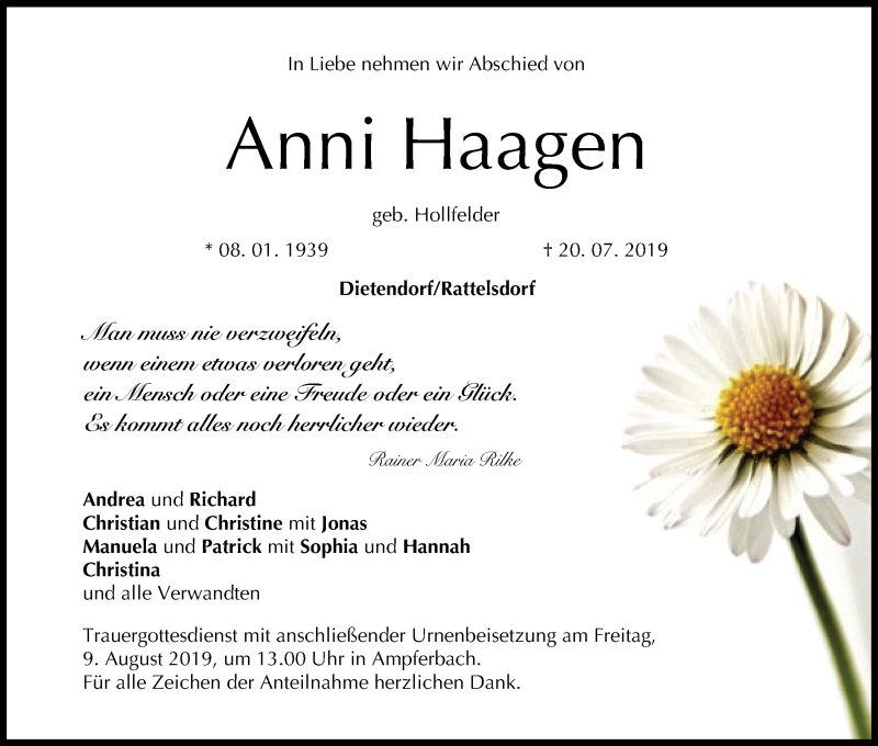  Traueranzeige für Anni Haagen vom 03.08.2019 aus MGO
