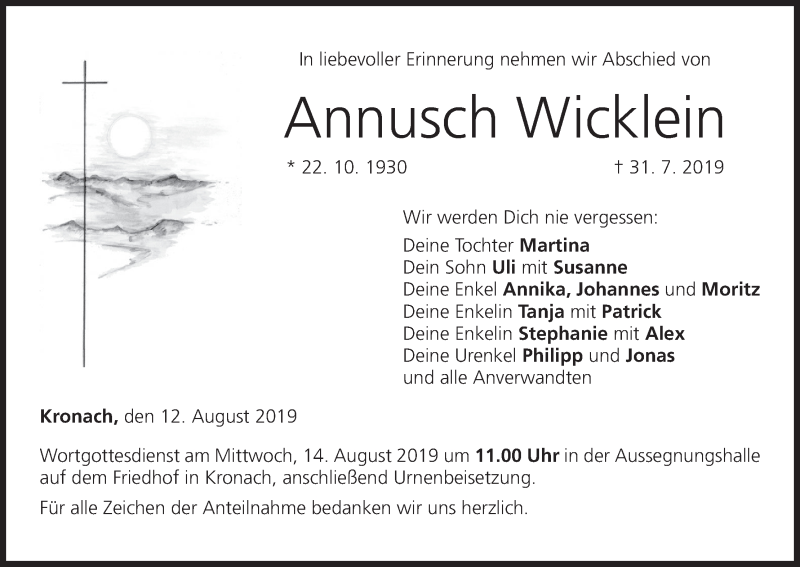  Traueranzeige für Annusch Wicklein vom 12.08.2019 aus MGO