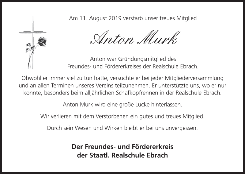  Traueranzeige für Anton Murk vom 17.08.2019 aus MGO