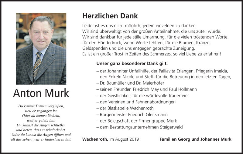 Traueranzeige für Anton Murk vom 23.08.2019 aus MGO