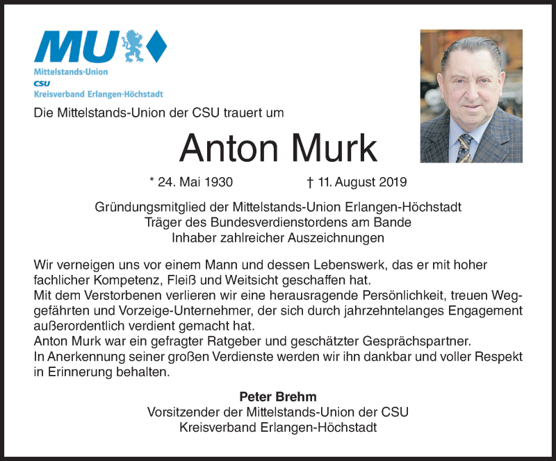  Traueranzeige für Anton Murk vom 16.08.2019 aus MGO