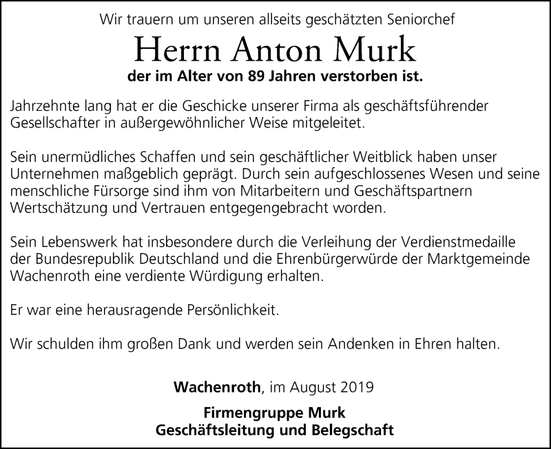  Traueranzeige für Anton Murk vom 14.08.2019 aus MGO