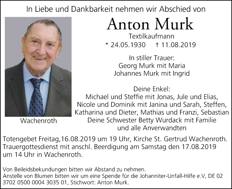  Traueranzeige für Anton Murk vom 14.08.2019 aus MGO