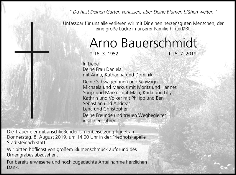  Traueranzeige für Arno Bauerschmidt vom 03.08.2019 aus MGO