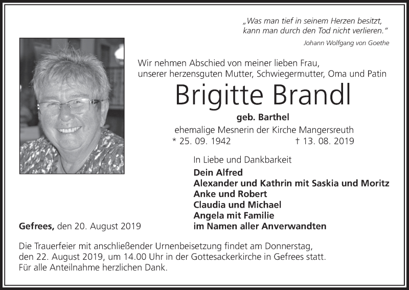  Traueranzeige für Brigitte Brandl vom 20.08.2019 aus MGO