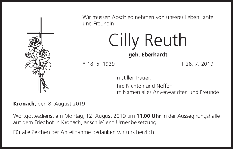  Traueranzeige für Cilly Reuth vom 08.08.2019 aus MGO
