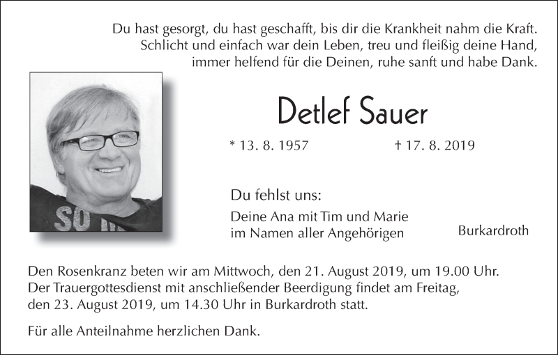  Traueranzeige für Detlef Sauer vom 21.08.2019 aus MGO